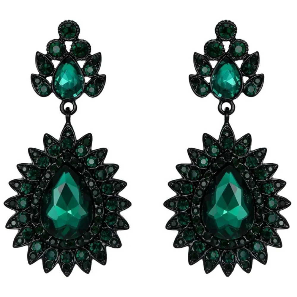 Carbon Black with Emerald Green Crystal Art Deco Chandelier Dangling Earrings